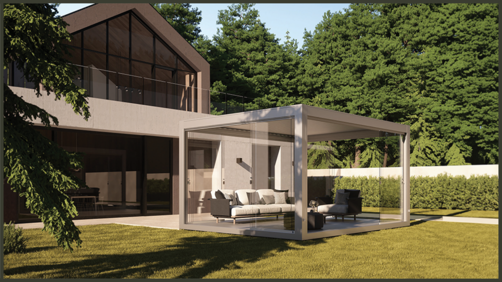 A stunning luxury backyard featuring a contemporary black aluminium louvred pergola built over an elegant outdoor lounge seating area with plush modern cushions on a premium porcelain tile patio.