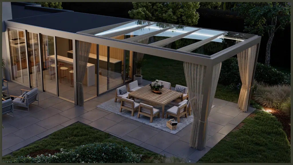 A modern matte black aluminium bioclimatic pergola with integrated infrared heaters and closed louvres, beautifully sheltering a plush outdoor lounge setting on a crisp, clear day.