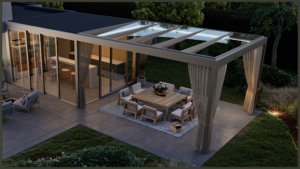 A modern matte black aluminium bioclimatic pergola with integrated infrared heaters and closed louvres, beautifully sheltering a plush outdoor lounge setting on a crisp, clear day.