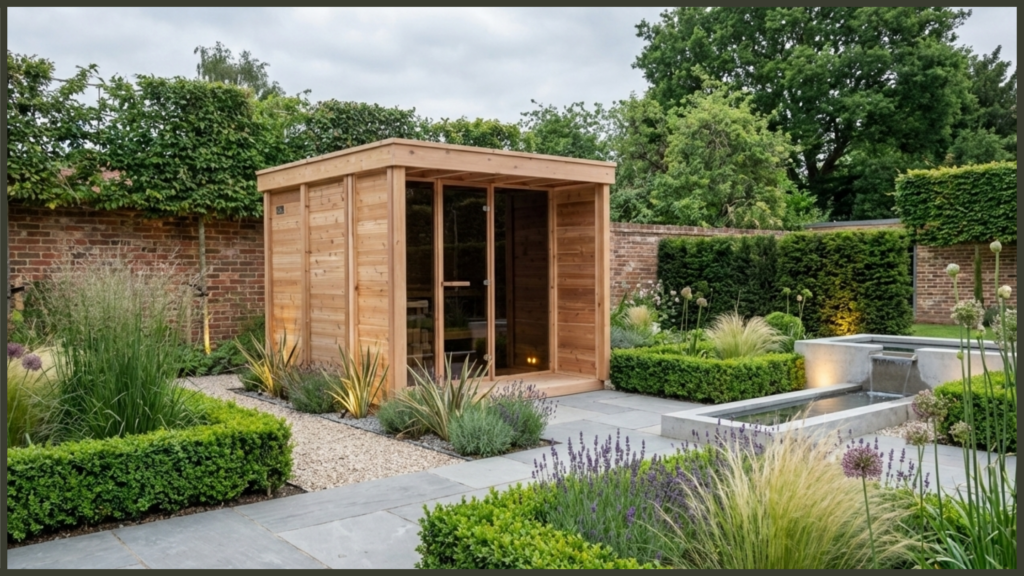 A beautiful luxury garden landscape at dusk featuring a contemporary Nordic-style outdoor sauna with a large glass panoramic window, casting a warm, inviting amber glow onto a modern surrounding timber deck.