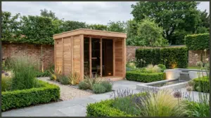 A beautiful luxury garden landscape at dusk featuring a contemporary Nordic-style outdoor sauna with a large glass panoramic window, casting a warm, inviting amber glow onto a modern surrounding timber deck.