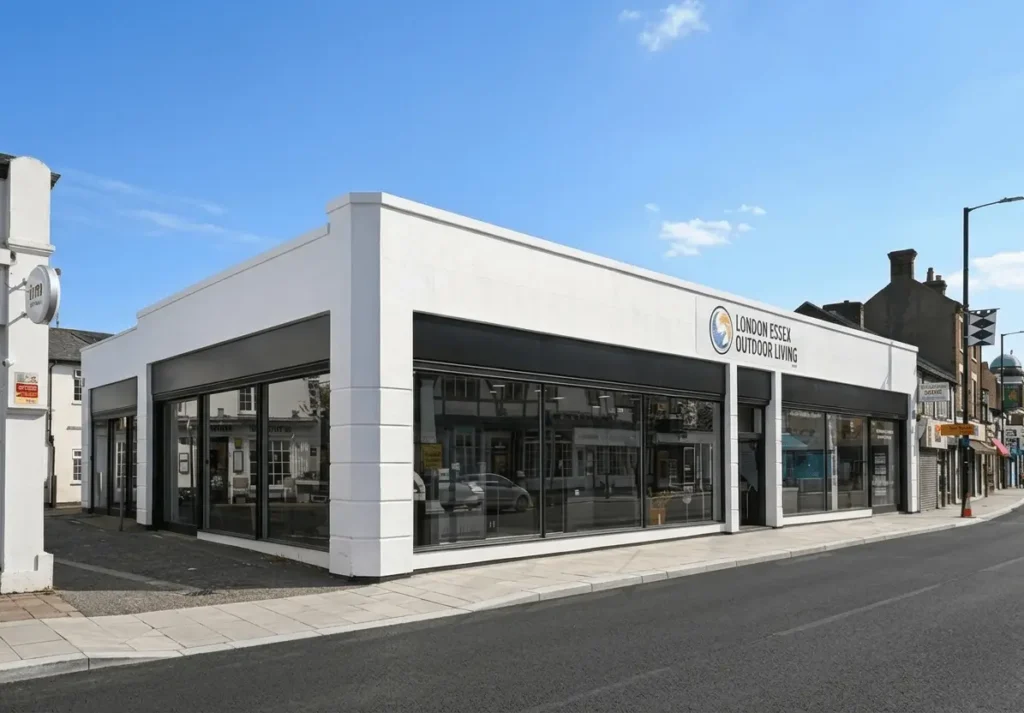 The storefront and exterior of the London Essex Outdoor Living luxury showroom located on High Street in Barnet.
