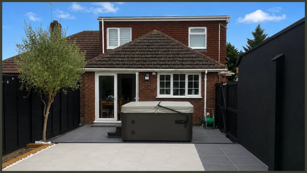 Luxury hot tub installation in High Barnet, creating a relaxing garden space for hydrotherapy and year-round outdoor enjoyment.