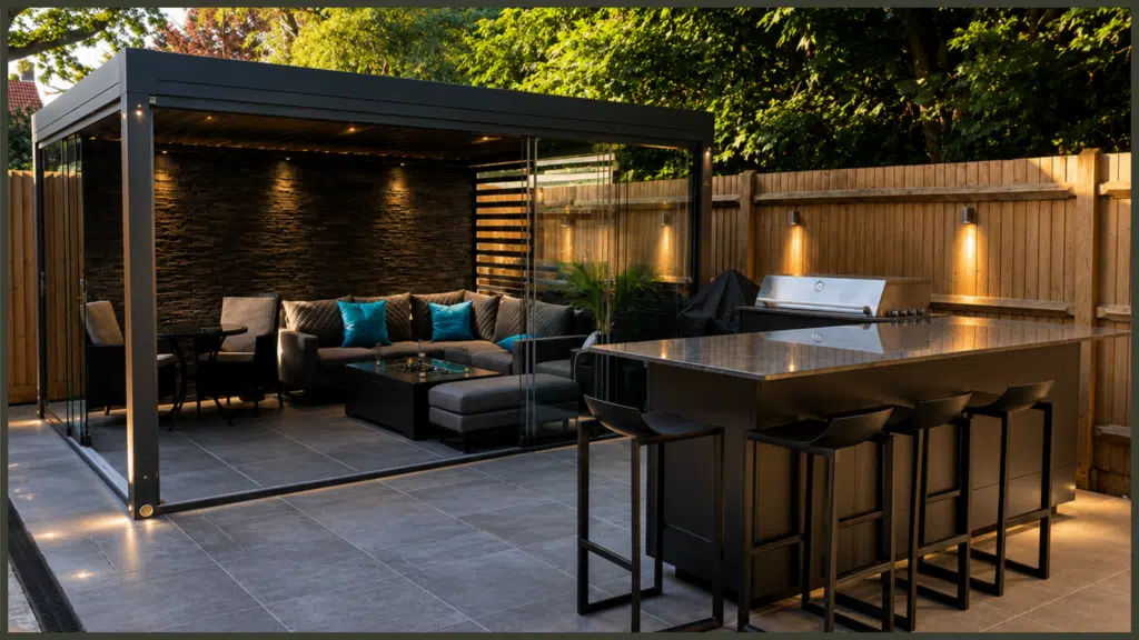 Pergola and outdoor kitchen installation in Farnham Common, Slough, creating a stylish garden space for cooking, dining and entertaining.