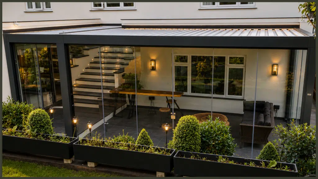 Modern pergola installation in Hadley Wood, Barnet, creating a stylish sheltered garden space for relaxing and outdoor entertaining.