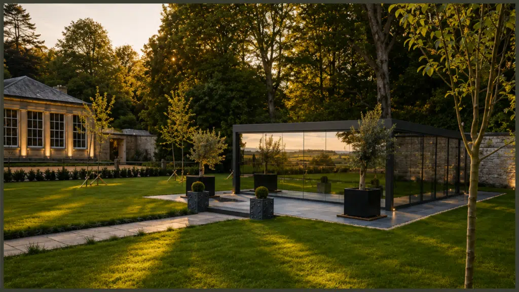 Modern pergola installation in Morpeth, Northumberland, creating a stylish sheltered garden space for relaxing and outdoor entertaining.