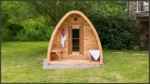 Outdoor garden sauna maintained for year-round use, highlighting essential cleaning, timber care and seasonal sauna maintenance.