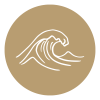 A clean and professional e-commerce USP graphic icon representing 'Adjustable Current', featuring a minimalist line-art design of a dials or control knobs with varying fluid wave arrows inside a circular boundary, symbolizing customizable flow strength and personalized resistance control.