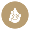 A clean and professional e-commerce USP graphic icon representing 'Chlorine Free', featuring a minimalist line-art design of a pure water droplet with a line through a chemical 'Cl' symbol, symbolizing a clean, chemical-free outdoor experience.